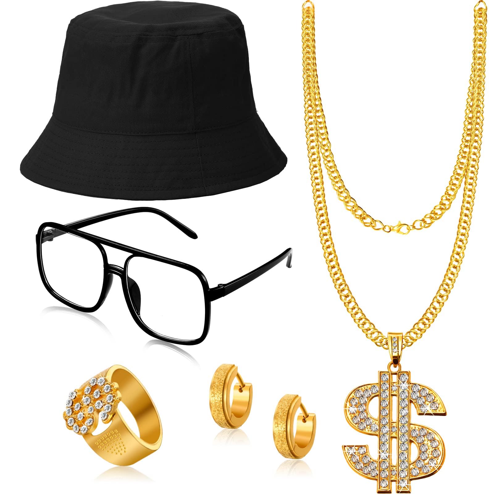 YHCG 5 PCS Hip Hop Costume Kit, 80s/90s Rapper Accessories, Hip Hop Fancy Dress Costumes, 90s Outfit for Men Women Hat Sunglasses Necklace, Fake Gold Chain Money Chain