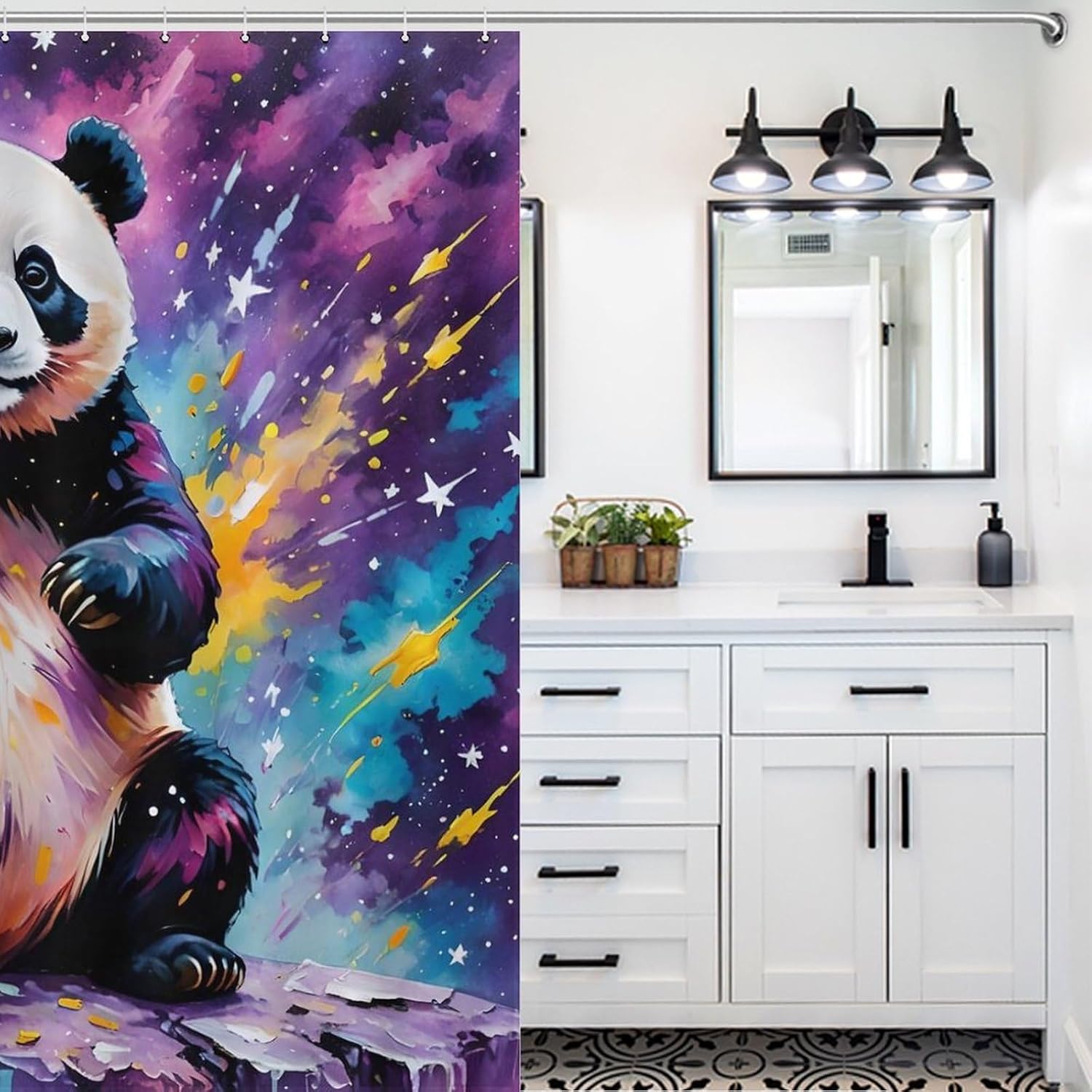 Panda Art Painting Waterproof Shower Curtain Set - 72x72 Inch Animal Bathroom Decor for Kids with 12 Metal Hooks, Machine Washable Polyester Bath Curtain