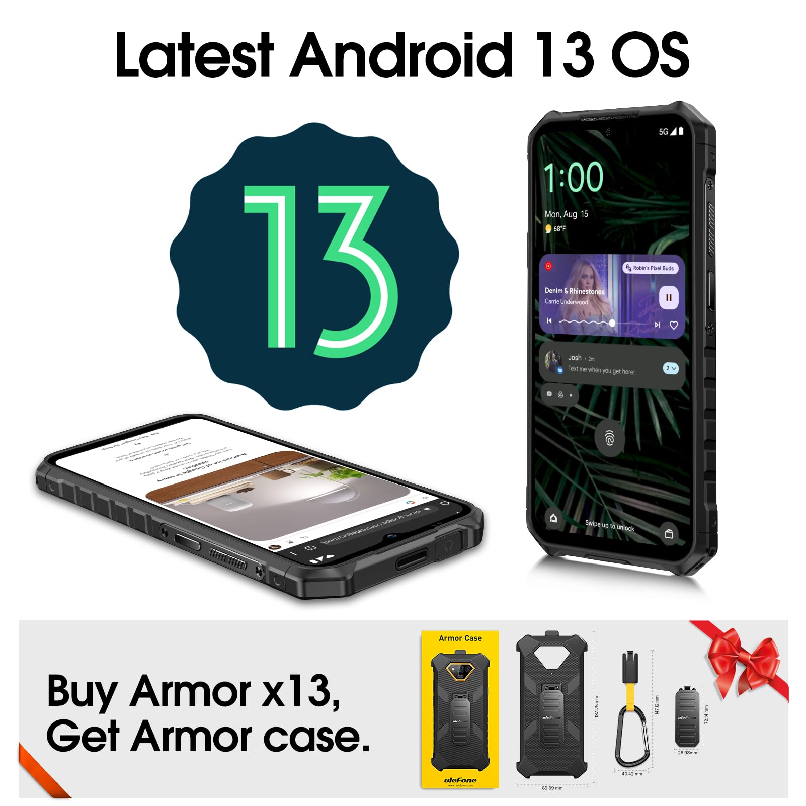 Ulefone Armor X13 Rugged Smartphone 12GB+64GB(256GB Espandibile) Cellulare 6320mAh Batteria, Android 13, 50MP+24MP Visione Notturna, 6.52" HD+, Telefono Robusto 4G Dual SIM/Impronta Digitale/Face ID
