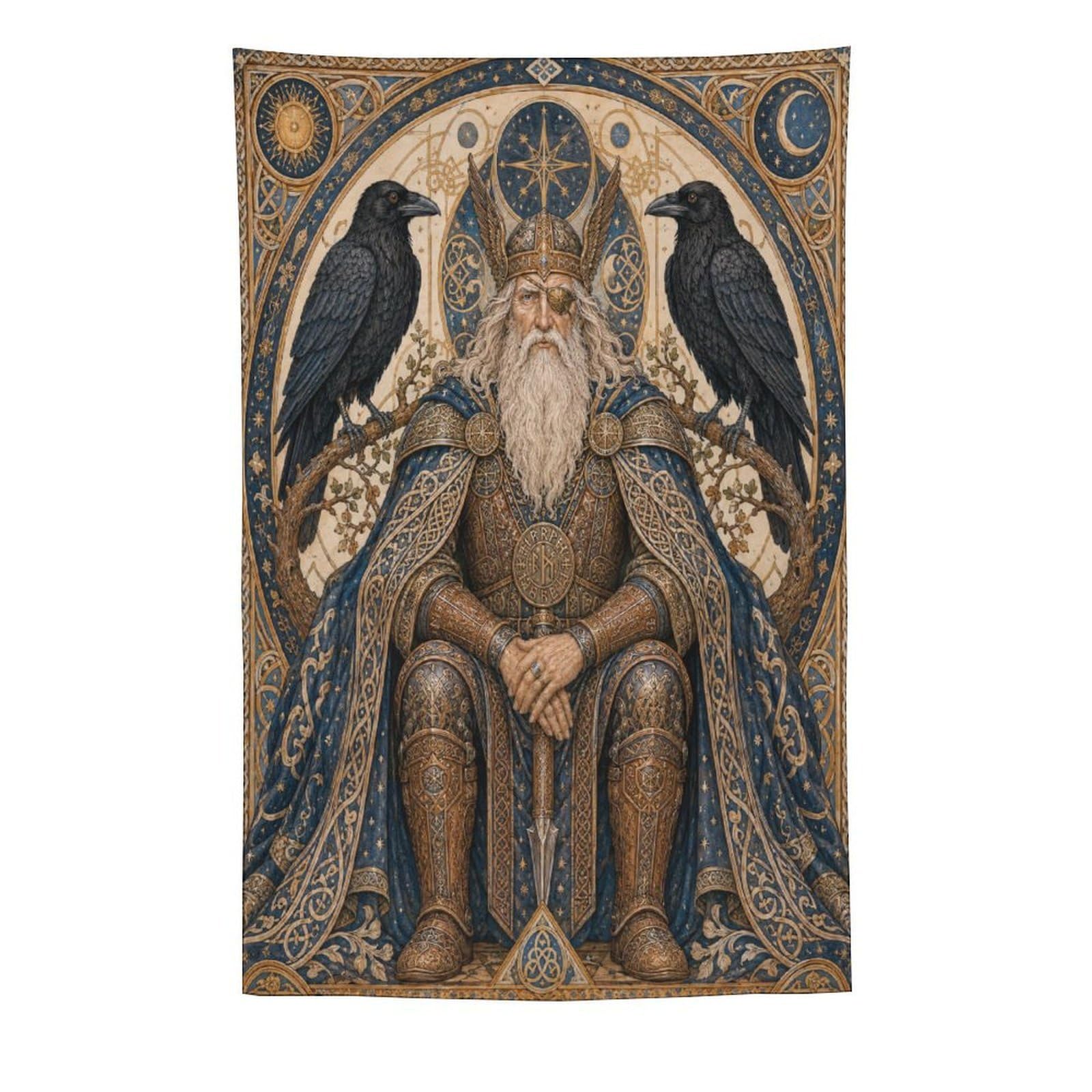 H3B8U2Y5 Norse Odin with Ravens Wall Tapestry, Art Nouveau Style, Bed