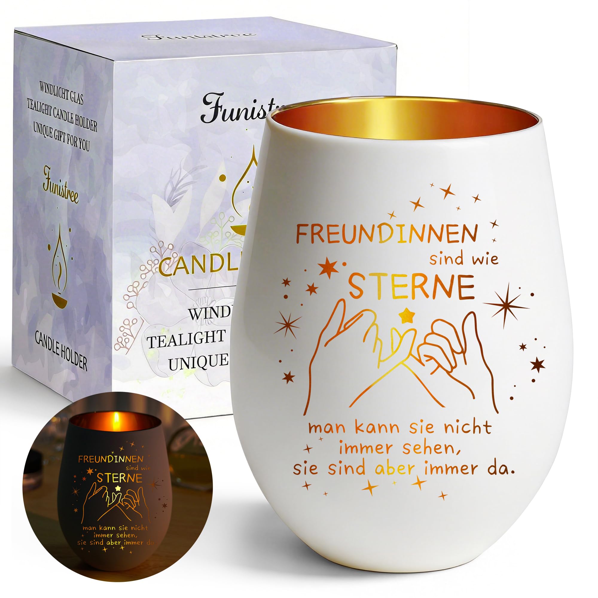 Windlicht mit Gravur Geschenke für Beste Freundin, BFF Teelichthalter Windlicht Glas mit Spruch, Geschenkset für Frauen Freundinnen (weiß)