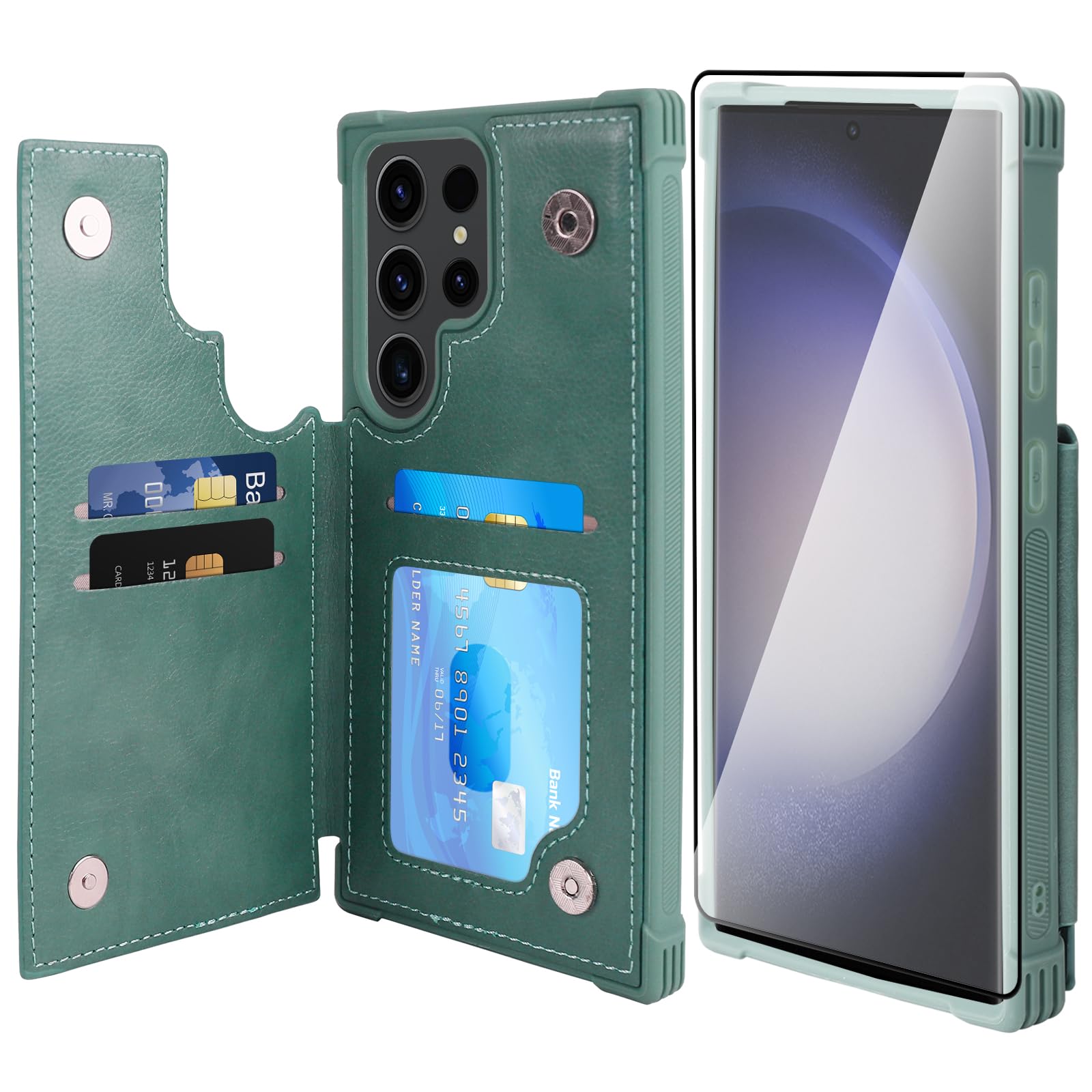 VANAVAGY Compatible for Galaxy S23 Ultra Wallet Case with RFID Blocking Card Holder, PU Leather Magnetic Clasp Kickstand Flip Phone Case Fits Car