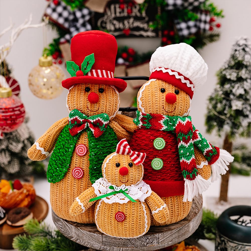 Eforcase 3 figuras navideñas de peluche de hombre de jengibre con sombrero y bufanda, adorno de muñeca de hombre de jengibre, decoración del hogar, ventana de Navidad, bandeja escalonada, decoración