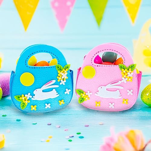 Miniatura 2 de Juego de 2 cestas de Pascua de conejitos blancos, bolsas de fieltro rosa y azul de 7.5 pulgadas
