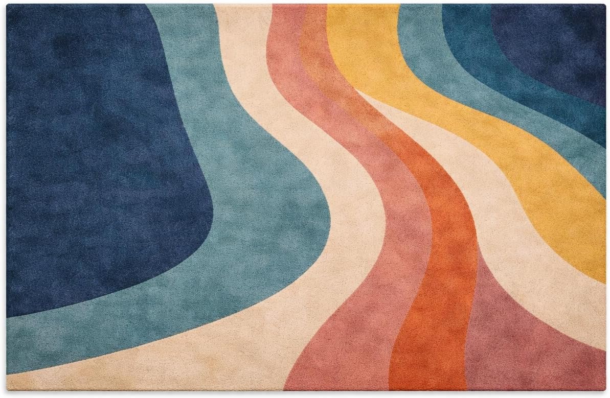 Modern Abstract Area Rug, Multicolor Wavy Stripes Pattern, Navy Blue Coral Yellow Teal, Contemporary Home Decor (5 * 5 Round)