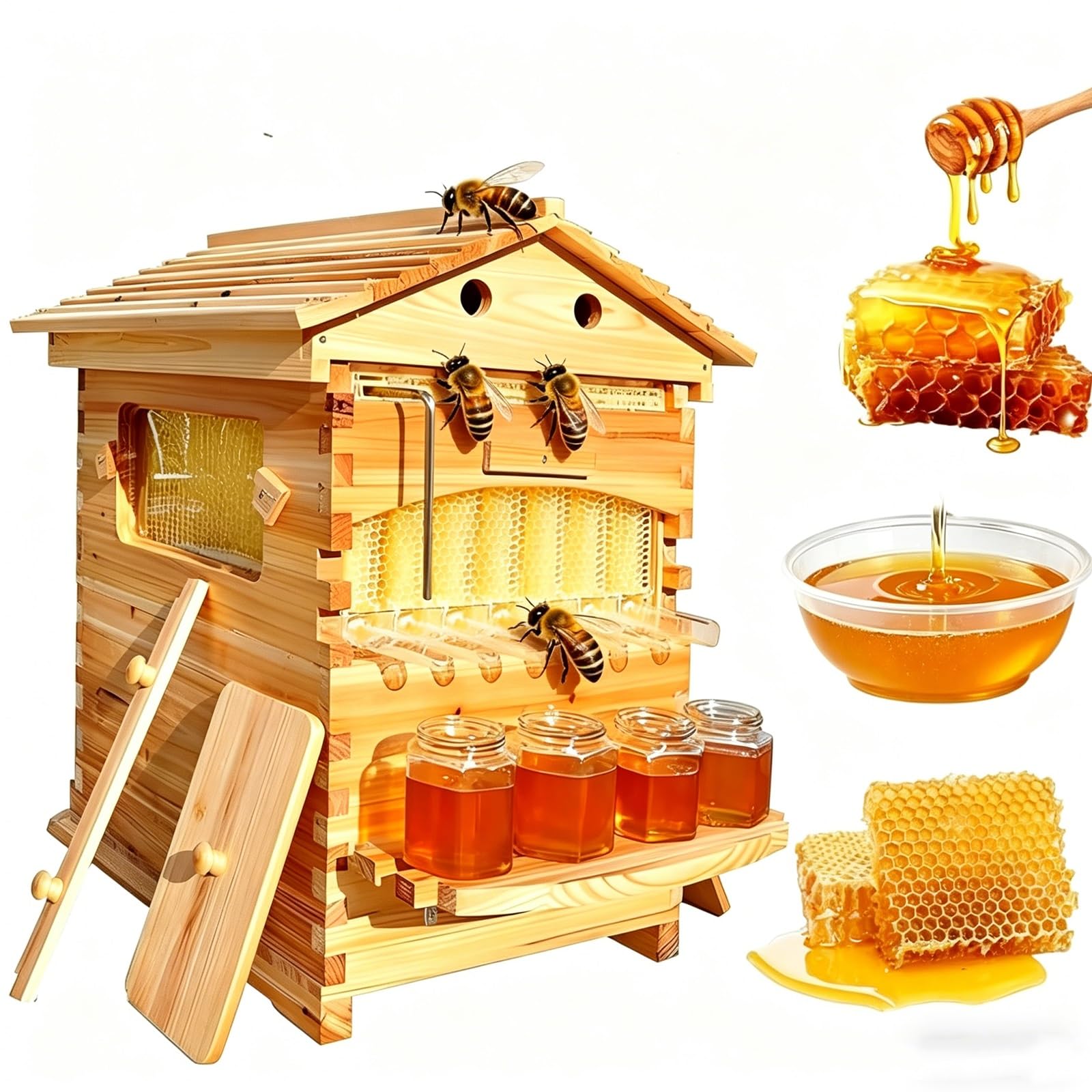 Ruche En Bois À Écoulement Autonome – Fabriquée En Bois De Sapin Naturel. Comprend 4 Cadres D'extraction Et 6 Hausses, Ainsi Qu'un Système Idéale Pour Les Balcons Et Les Jardins
