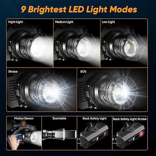 Miniatura 3 de Linterna frontal recargable súper brillante, lámpara de cabeza con sensor de movimiento de alto lúmenes con 9 modos, faro con zoom para adultos