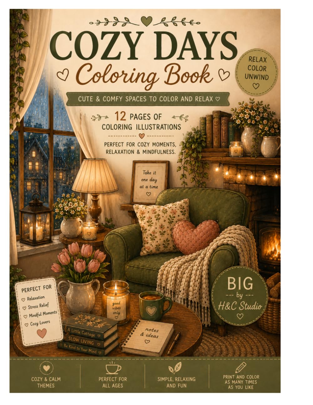 Cozy Days Coloring Book: Cute & Relaxing Cozy Spaces to Color: 12 Cozy & Comforting Coloring Pages for Relaxation