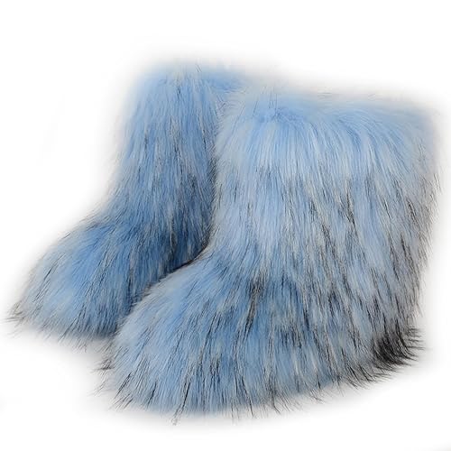 Galindopia Women Cute Fluffy Boots Warm Winter Snow Boots with Faux Raccoon Fur Shoes Outdoor - 8 - Light Blue Raccoon