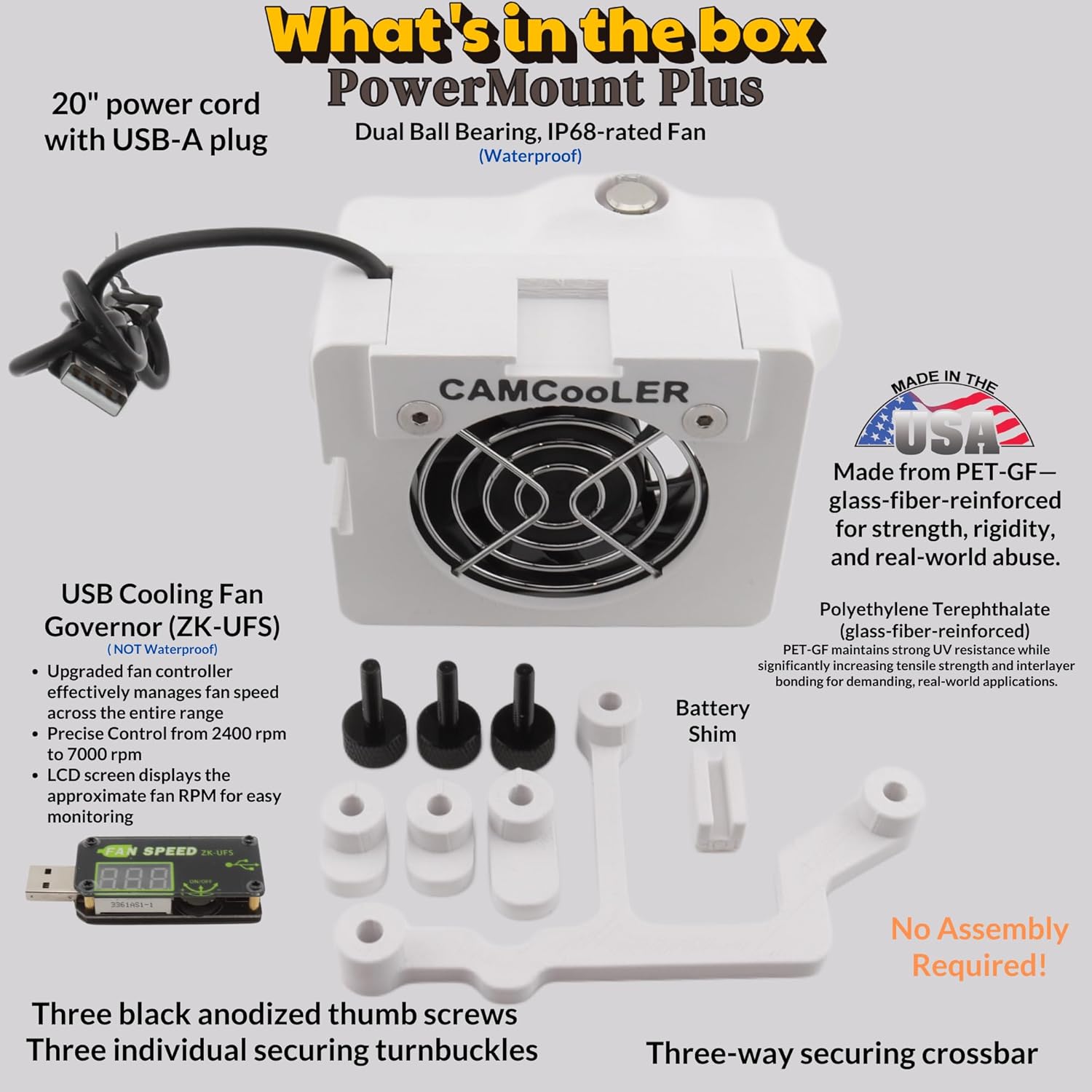 9Thirteen, Cooler Fan/Case. Works with GoPro HERO9, HERO10, HERO11, HERO12, HERO13, Reduce Overheating in Static Environments at Sporting Events (White (PET-GF), PowerMount Plus – Variable Speed Fan)