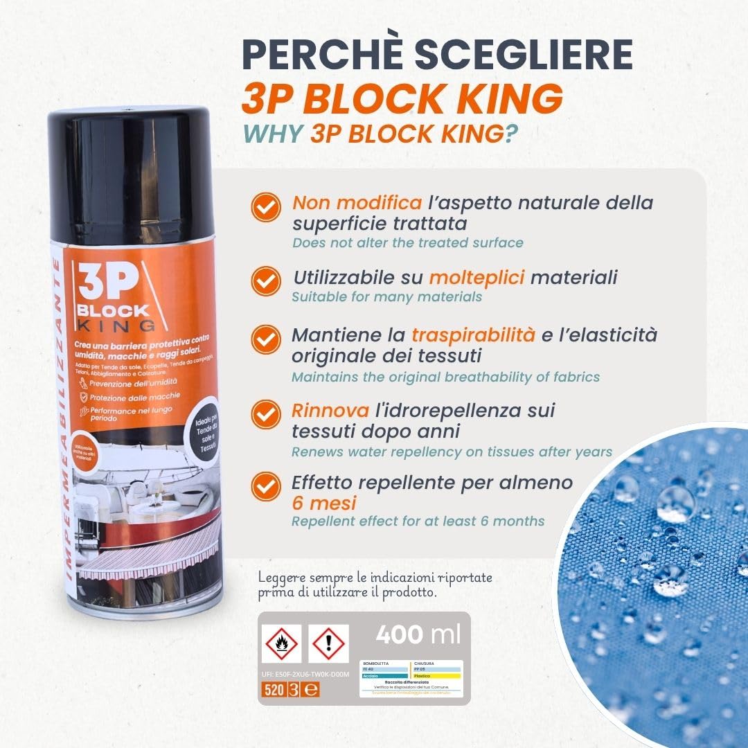 TENDAGGIMANIA Spray Impermeabilizzante per Tessuti 3P Block King 400 ml
