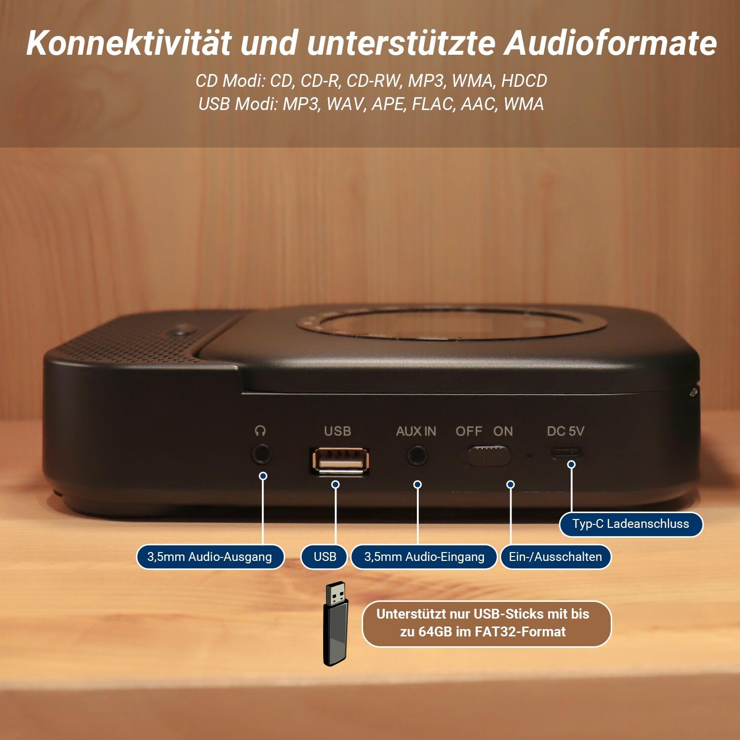 August SE15 Tragbarer Bluetooth 5.3 CD Player mit Lautsprecher 3,5mm Audio In/Out Wiederaufladbar CD Spieler mit USB/Equalizer/Überspringschutz/Wiederholungsmodus/Wandhalterung/Ohrhörer&Fernbedienung