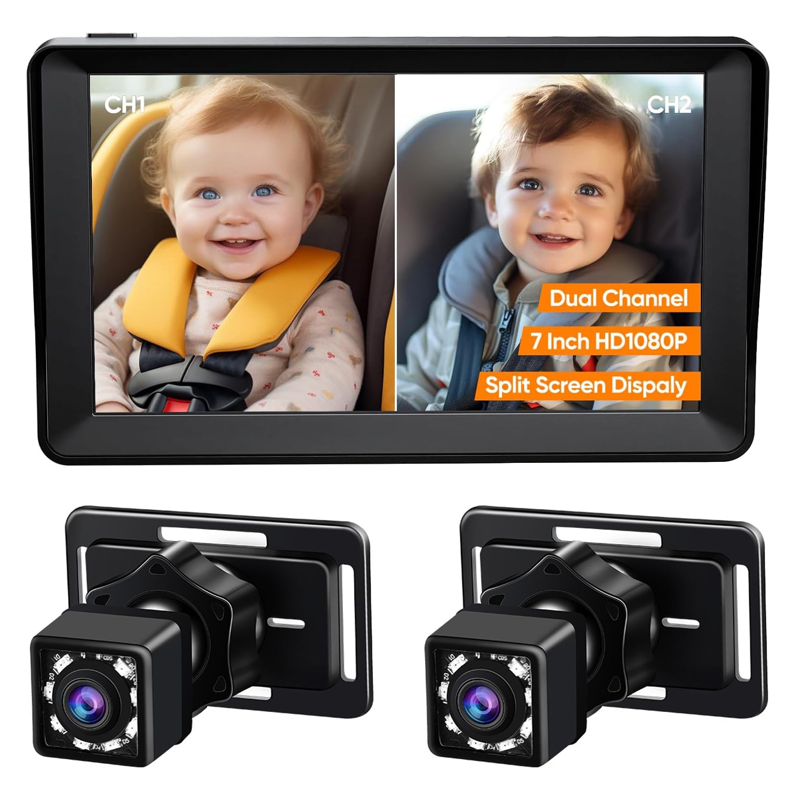 PolyGen Monitor per Auto per Bambini con Fotocamera, Doppia Fotocamera 1080P e Schermo IPS da 7 Pollici con Visione Notturna IR Aggiornata, Telecamera per Seggiolino Auto per