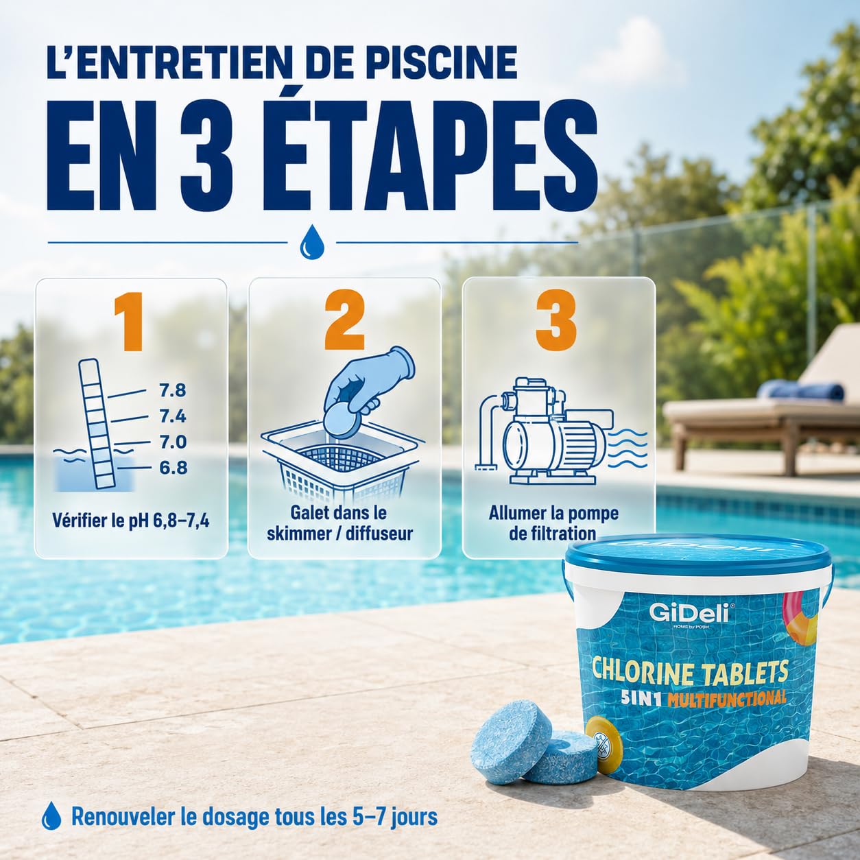 GiDeli Galets de Chlore Piscine Multifonction 5kg - Tablettes 200 g Longue Durée 4-en-1 - Anti-Algues, Stabilisé UV, Floculation - Hors-Sol, Tubulaire et Enterrée