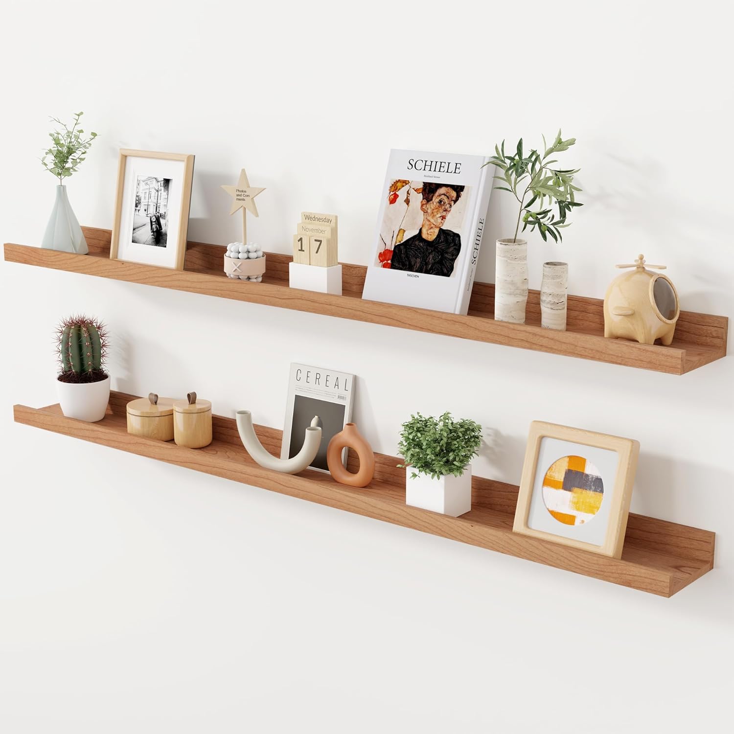 Axeman Cherry Picture Ledge Shelf, 48 Inch Floating Shelves Set of 2, Solid Wood Wall Shelves with Lip, Wall Decor Storage for Bedroom Living Room Bathroom Kitchen Nursery Photo, Natural Cherry 48inch Cherry INCOMPLETE