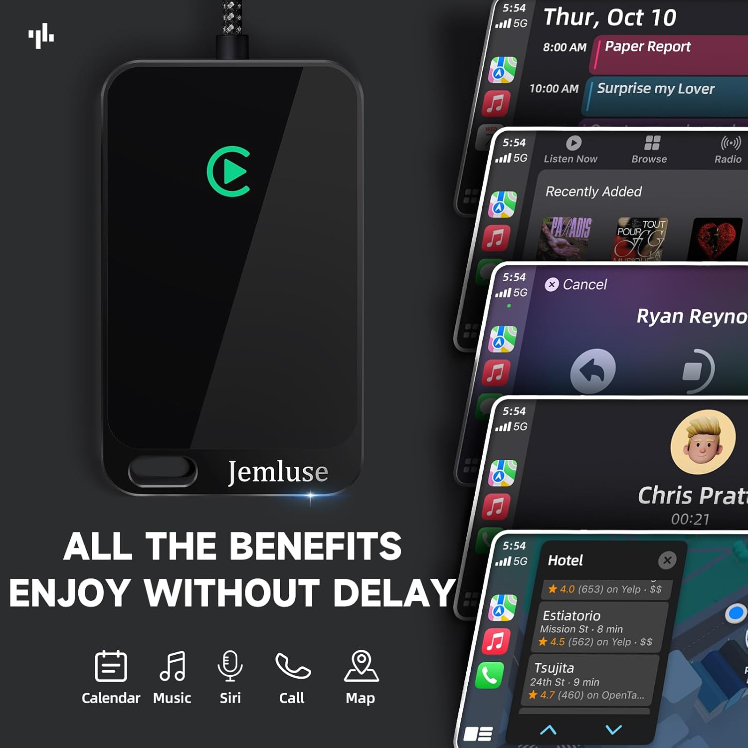 Jemluse Wireless CarPlay Adapter for Apple iPhone - Multi-User Seamless Connection for Convert Wired to Wireless Car Play Adapter - No Latency from iOS 10+ to Screen w/USB C (All Black)