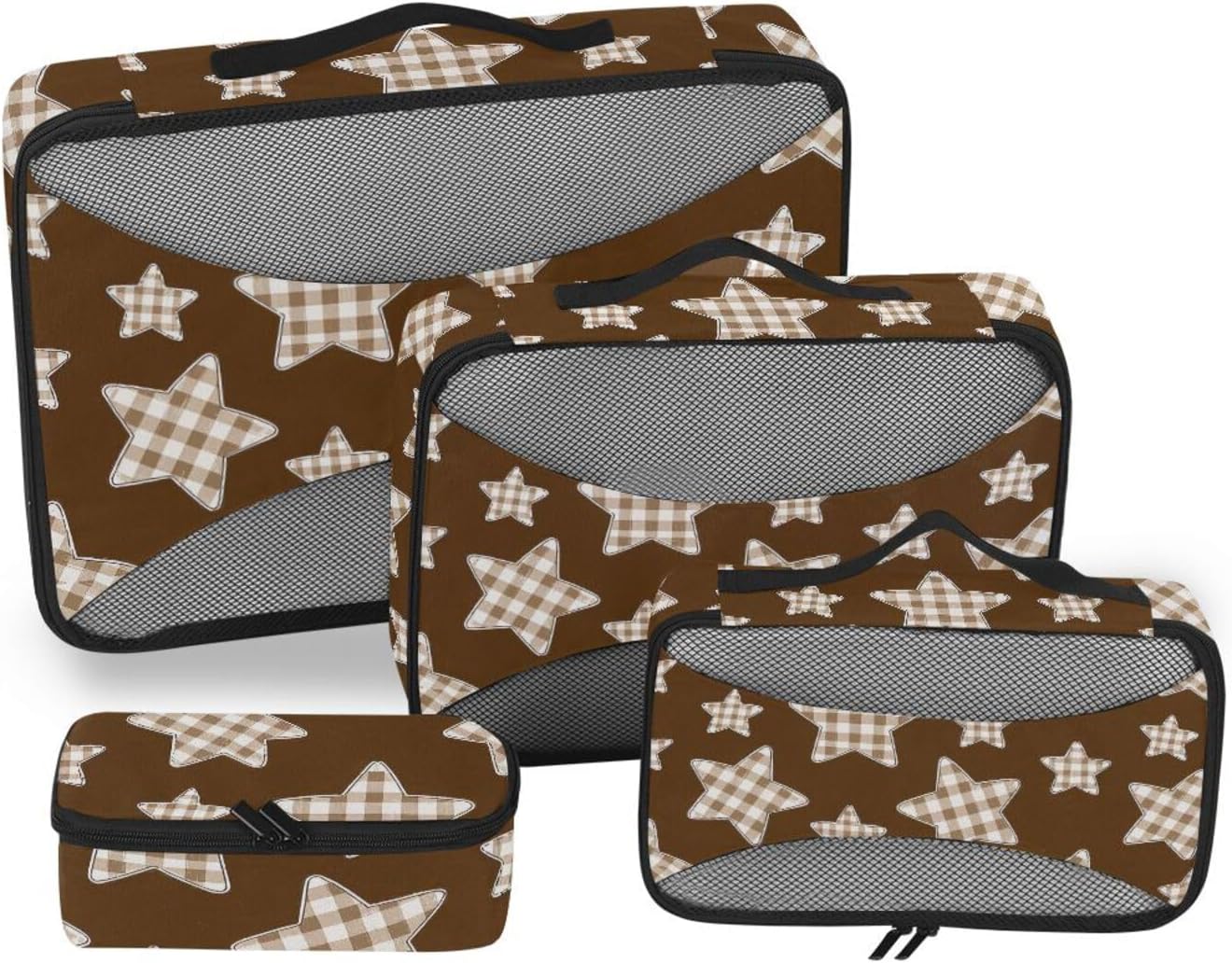 Cartoon Checkered Plaid Star Brown 4 Pcs set organizers for travel Mesh Travel Essentials lightweight packing cubes for diaper