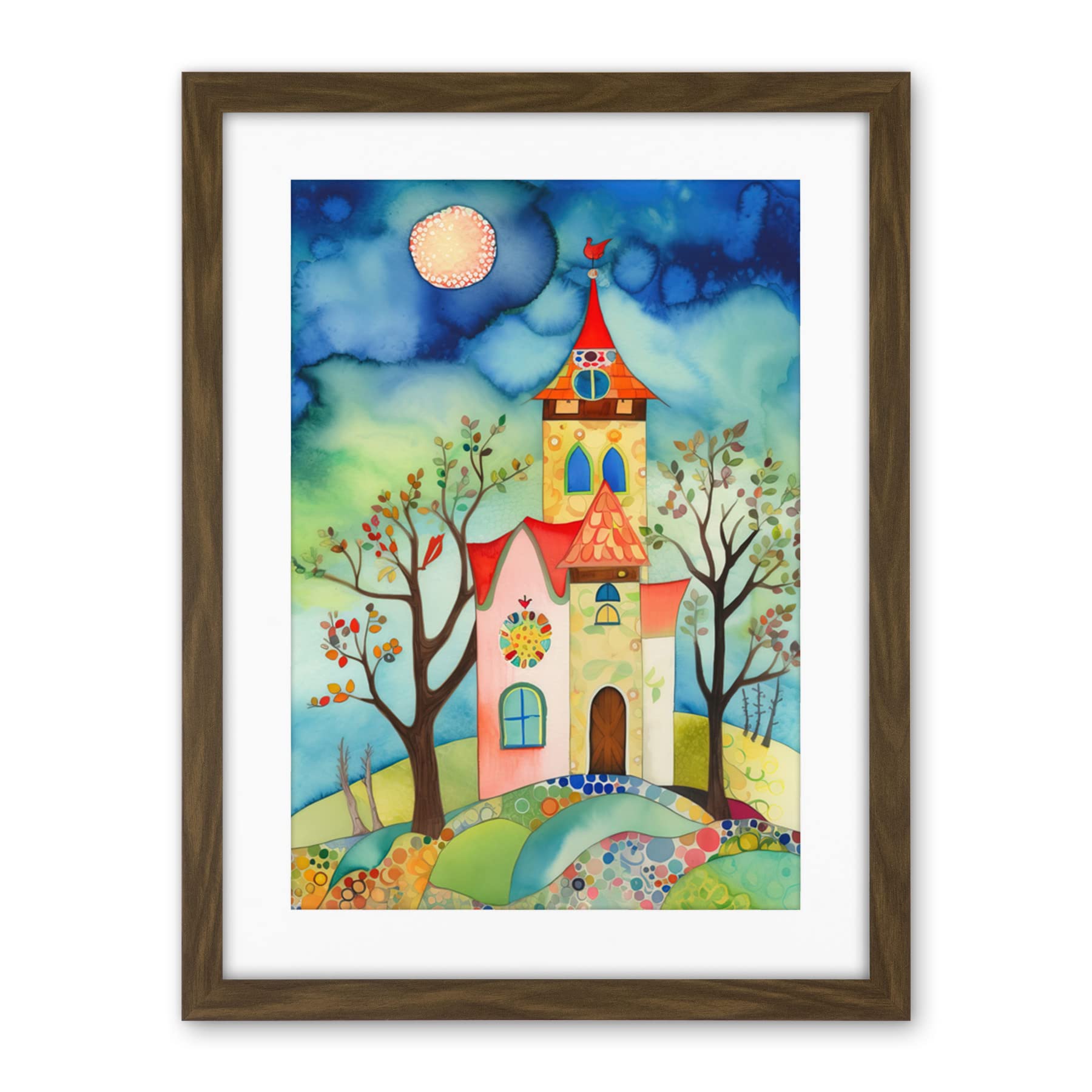 Artery8 Countryside Chapel Folk Art Watercolour Painting Artwork Framed Wall Art Print 18X24 Inch
