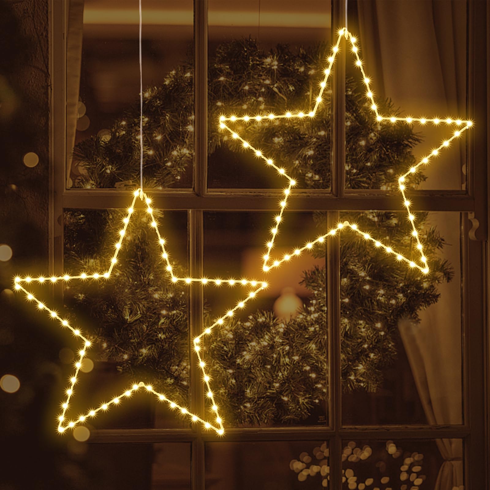 Weihnachtsdeko mit 2 große 50CM Metall Sterne, 140 LED Weihnachtsstern Beleuchtung Innen Batterie Warmweiß faltbar 8 Modi Wasserdicht Weihnachtsbeleuchtung Außen mit Timer
