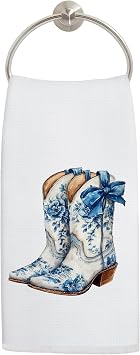 Coquette Blue Bow Cowgirl Western Kitchen Towels, Chinoiserie Floral Cowgirl Boots Hand Towels for Bathroom Decor, Vintage Western Dish Tea Towel for Kitchen Decor, 16x24 Inch