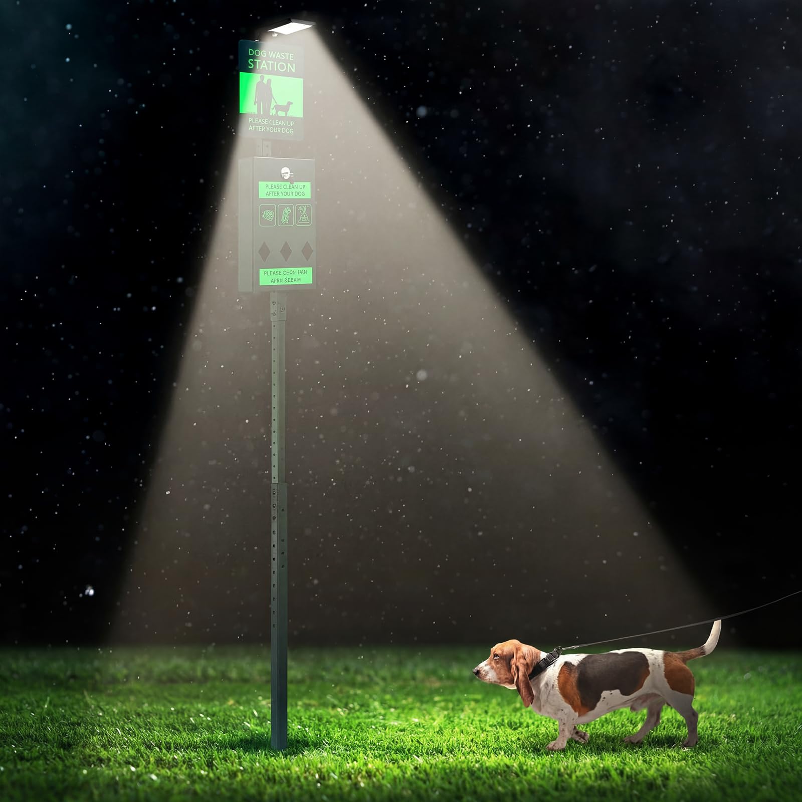 Station déjections canines solaire Tujoe éclairée la nuit pour parc et extérieur