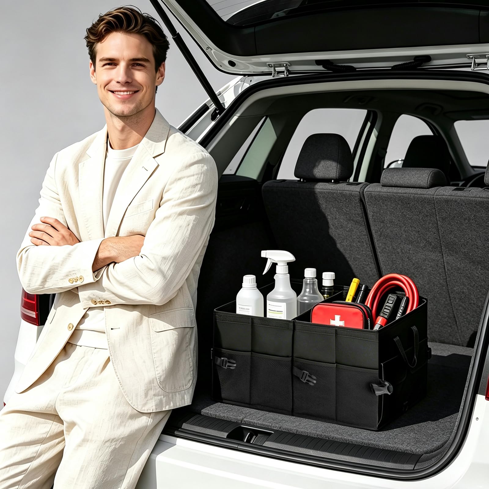 Kofferraum Organizer mit Deckel, Kofferraumtasche Faltbar & Rutschfest, Auto Aufbewahrungsbox Stabiler Auto Organizer für SUV, Kombi & PKW, Oxford Gewebe Autozubehör, Schwarz