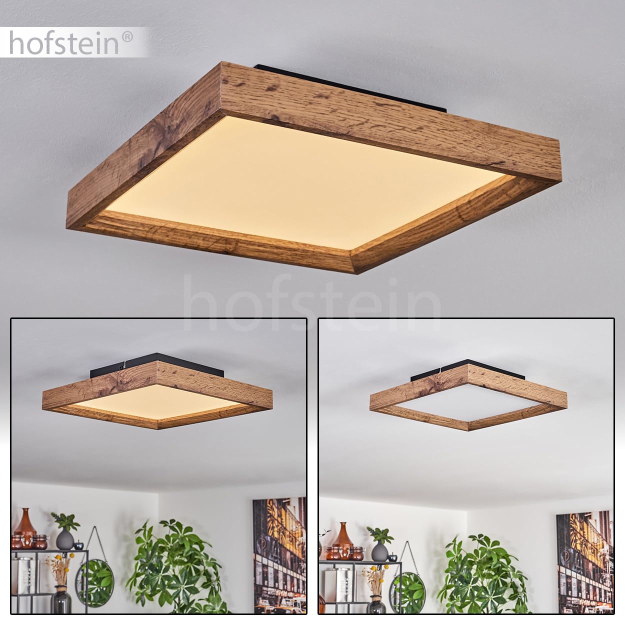 LED Deckenpanel Longvic, moderne Deckenleuchte aus Metall/MDF/Kunststoff in Schwarz/Holzoptik/Weiß, 30 cm x 30 cm, 12 Watt, 1400 Lumen, 3000 Kelvin