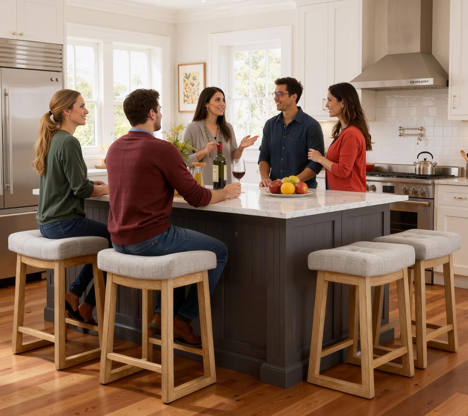 Counter Height Bar Stools Set of 3, 24 Inch Backless Upholstered Counter Stools with Solid Rubberwood Legs, Modern Farmhouse Saddle Stools for Kitchen Island, Home Bar, Beige Linen Fabric