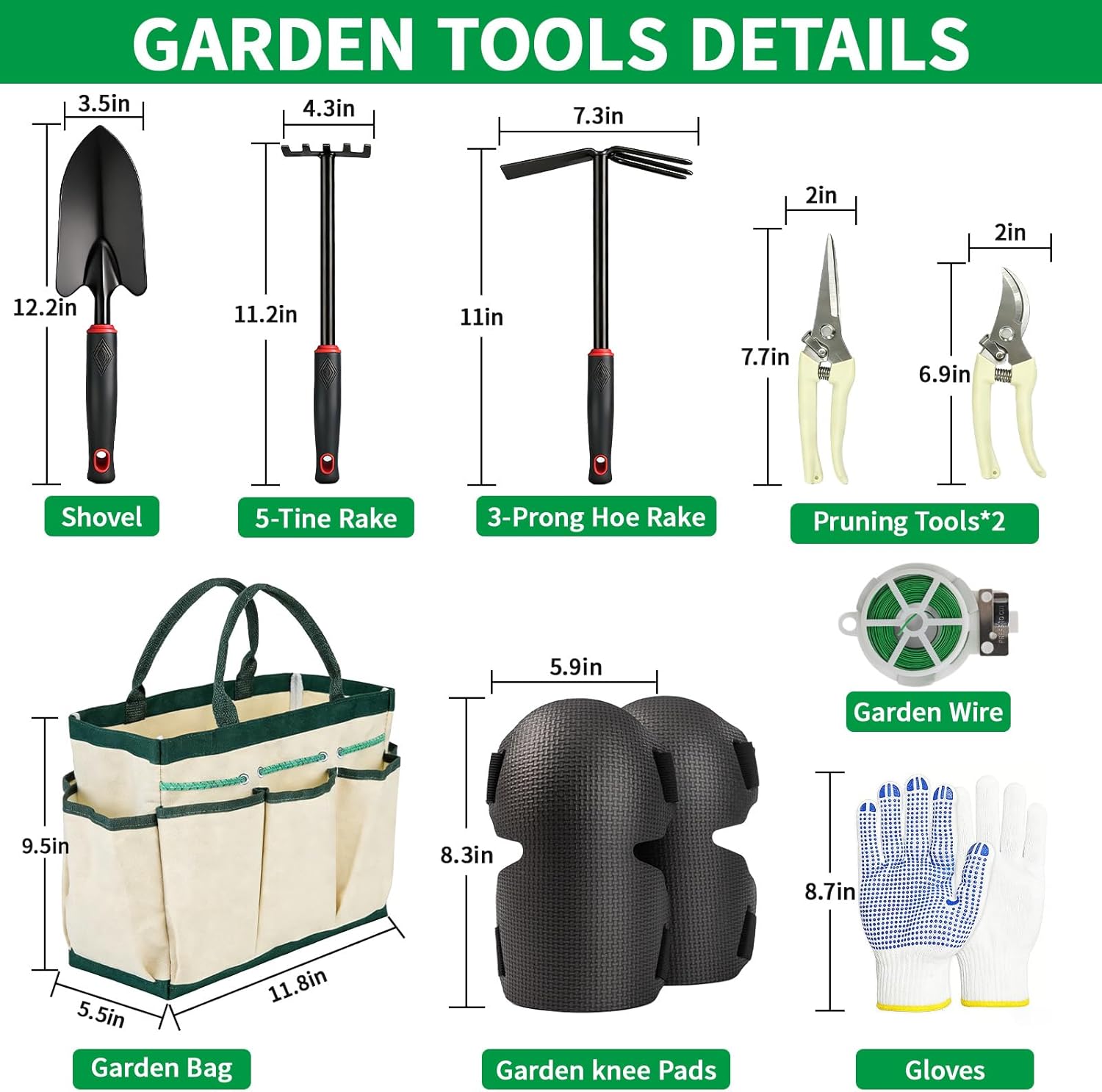 10 Pcs Gardening Tool Set - Heavy Duty Garden Kit with Stainless Steel Pruning Shears, Trowel Garden Tool, Kneeling Pads, Repotting Mat - Garden Tote, Ideal Gardening Gifts for Women and Men