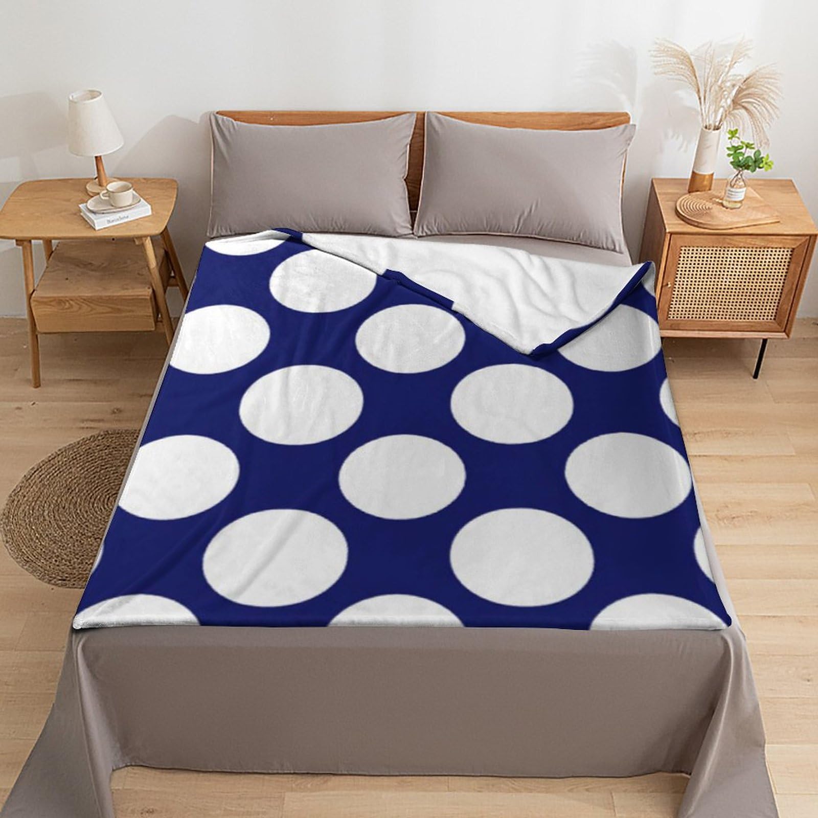 Manta de felpa, color azul marino, blanco, lunares, suave, esponjosa, acogedora, manta de franela para todas las estaciones, para sofá cama, 60 x 80 pulgadas