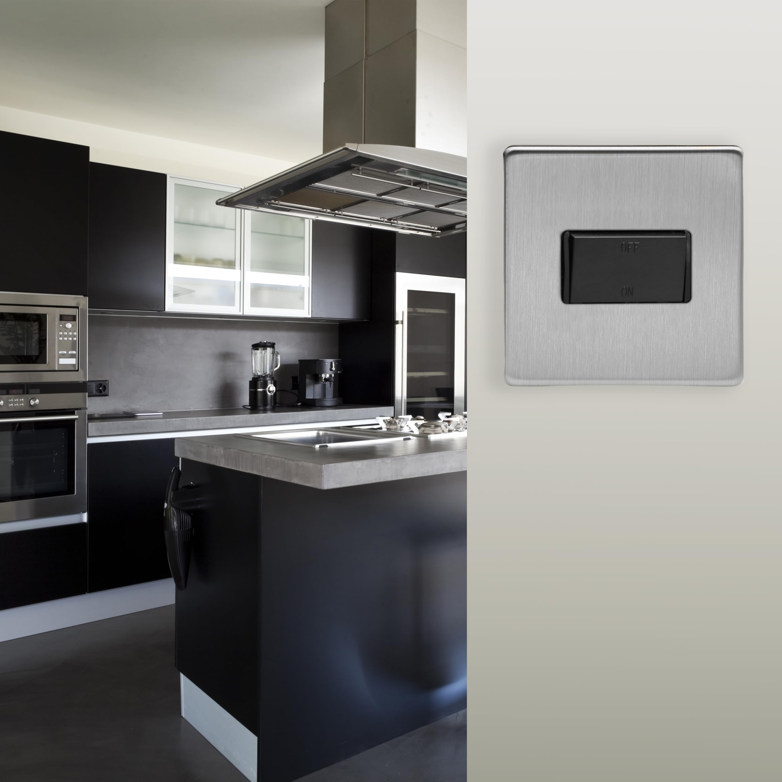 Varilight Fan Isolator Switch - Screwless Brushed Steel With Black Rocker - Image 2