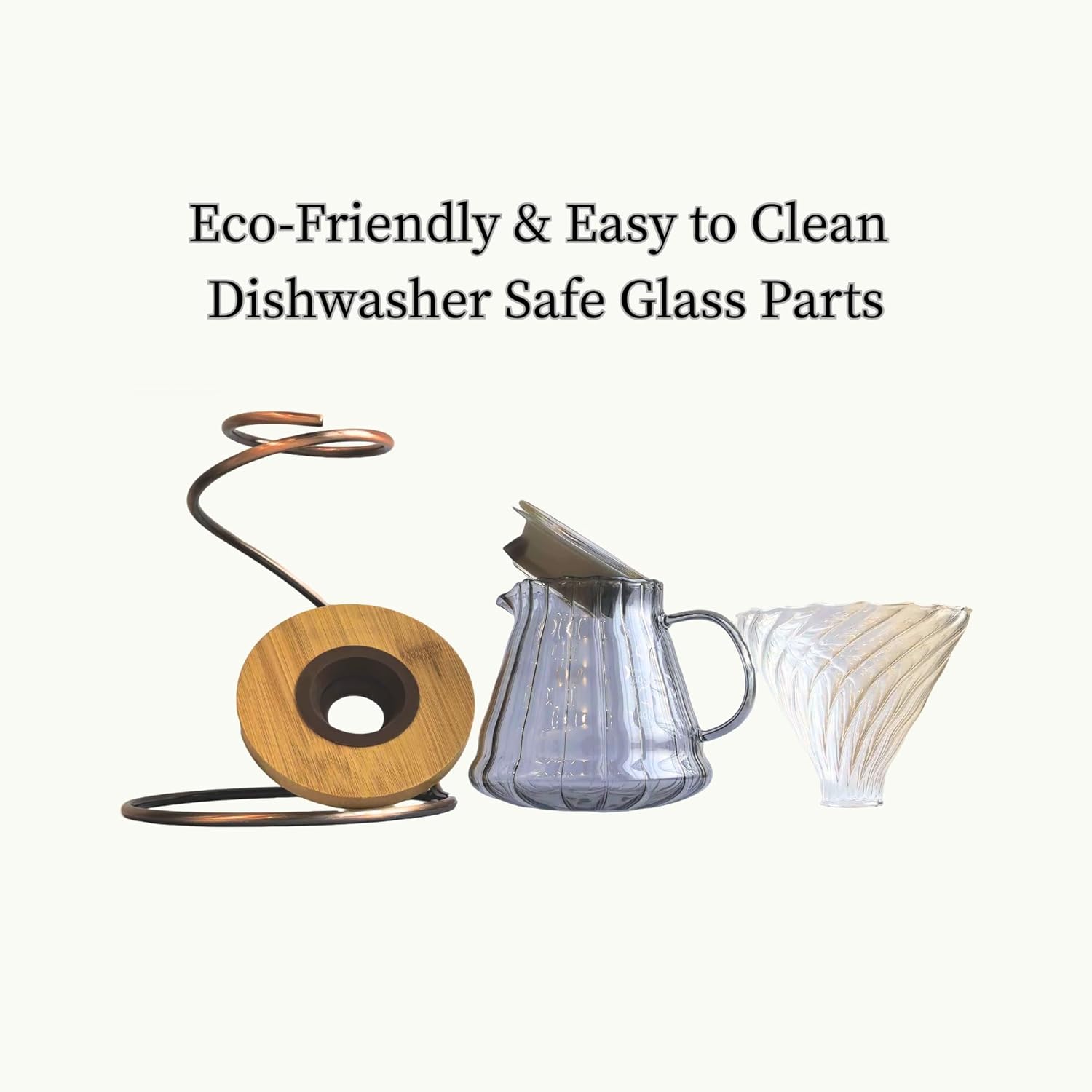 Pour Over Coffee Maker Set, 20oz Borosilicate Glass Carafe with Bamboo Base & Spiral Stand, V-Shaped Glass Dripper, 100 Paper Filters, Plastic-Free Manual Coffee Brewer for Home & Outdoor