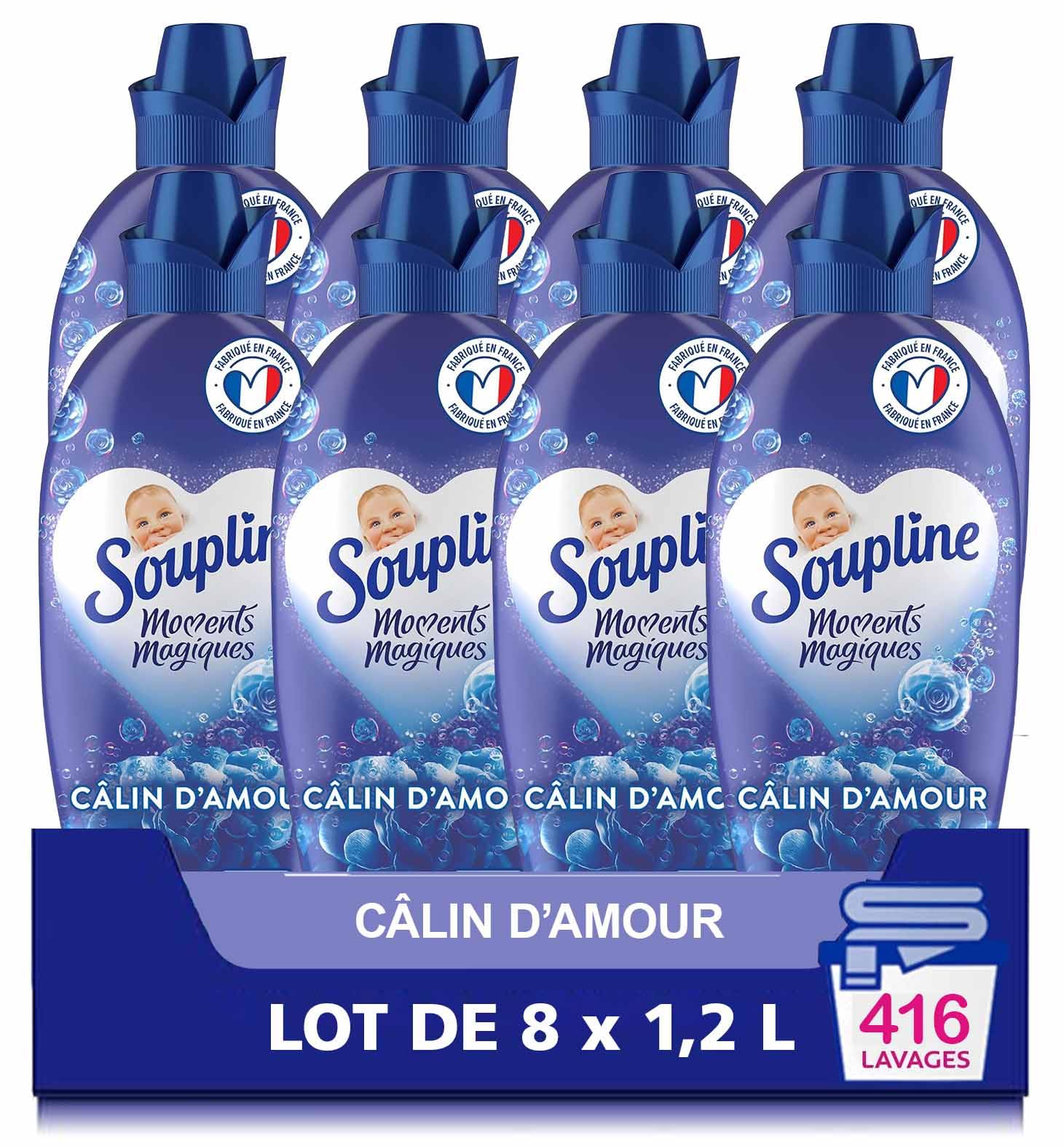 SOUPLINE - Adoucissant Concentré Soupline 3D Moments Magiques Câlin d'Amour - Formule Testée Dermatologiquement - Lot de 8 x 1,2 L