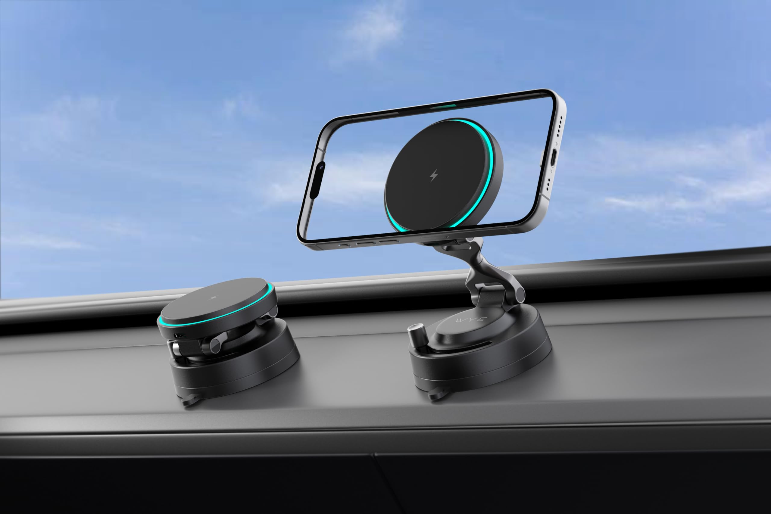 WYE Caricabatterie magnetico wireless da auto da 15 W con ricarica rapida USB-C, supporto da cruscotto e indicatore di ricarica LED per smartphone Qi, nero