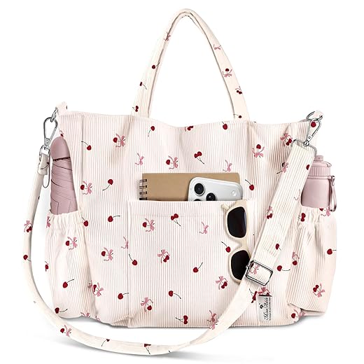 Miss Adola Crossbody Corduroy Tote Bag for Women, Large Tote Bag with Multi-Pockets and Zipper for Travel Work
