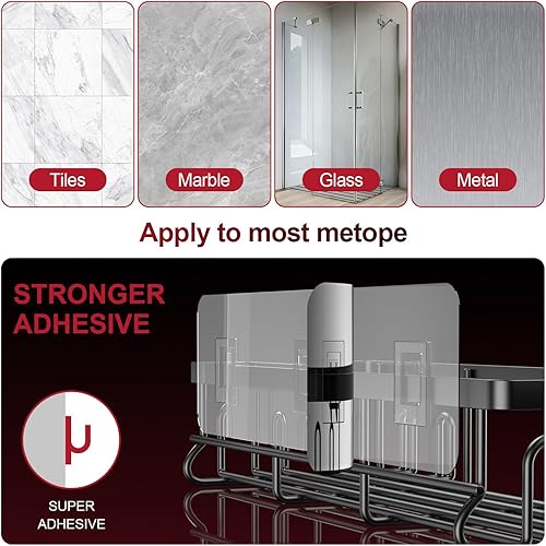 Miniatura 6 de Organizador adhesivo para ducha, estantes de ducha con 16 ganchos, estantes de esquina de pared inoxidables para baño interior, sin perforaciones,