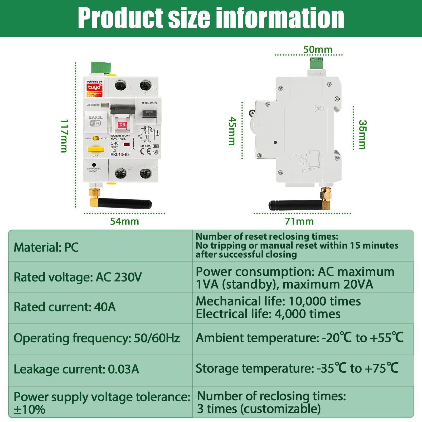 Disjoncteur différentiel 40A WiFi Réarmement automatique Disjoncteur différentiel intelligent 220V 2P Protection contre les fuites Contrôle TUYA Réactivation en mode automatique.
