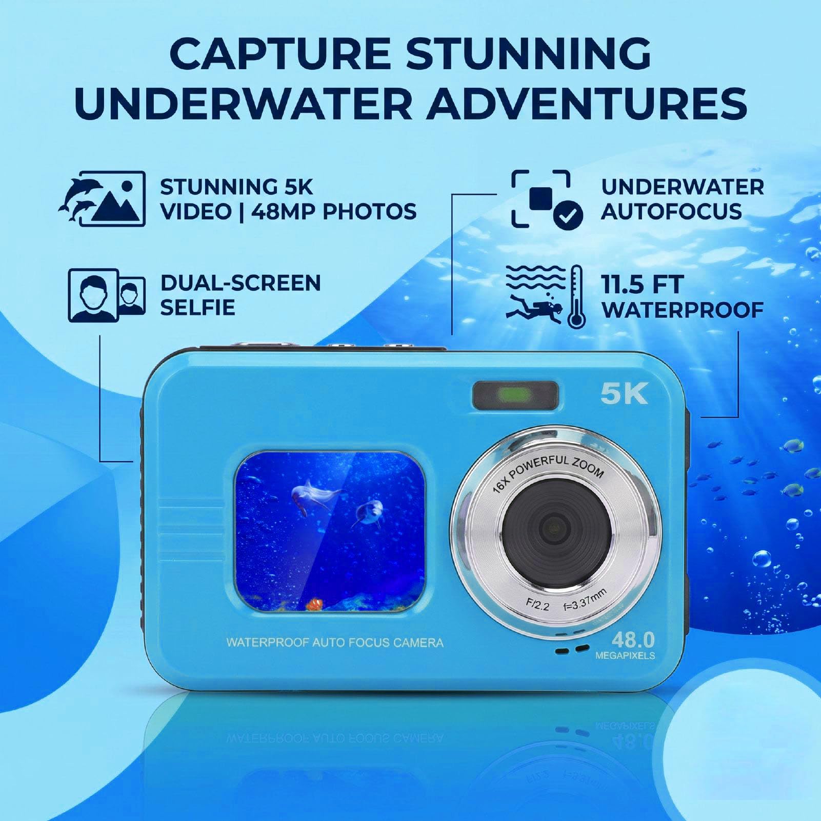 Tosuny Caméra sous-Marine 5K Double écran 48MP, Appareil Photo Numérique avec Mise au Point Automatique et Dragonne Flottante, 11,5 Pieds pour la Plongée en Apnée (Blue)