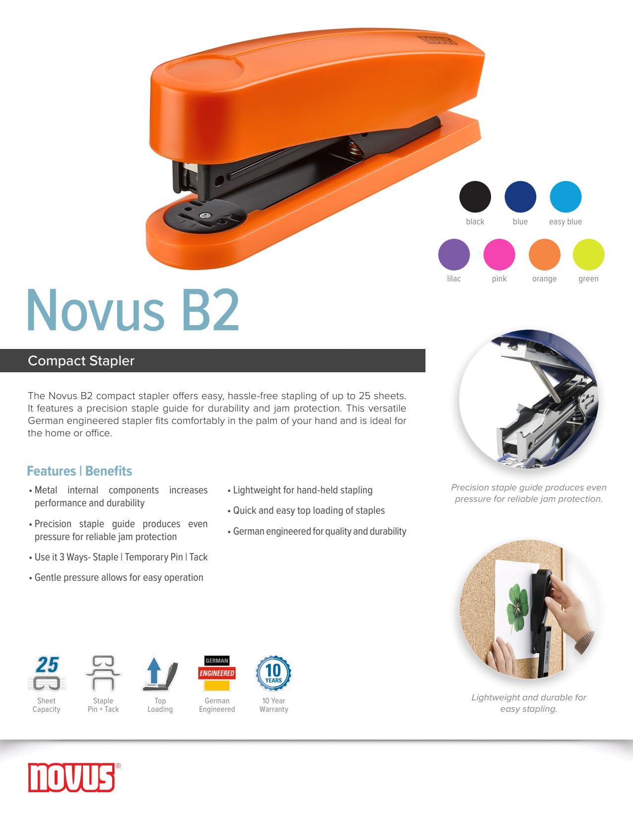 NOVUS zszywacz B2 (wydajność zszywania 25 arkuszy, mechanizm górnego ładowania, metalowe urządzenie z osłoną z tworzywa sztucznego, w zestawie 200 zszywek) czarny