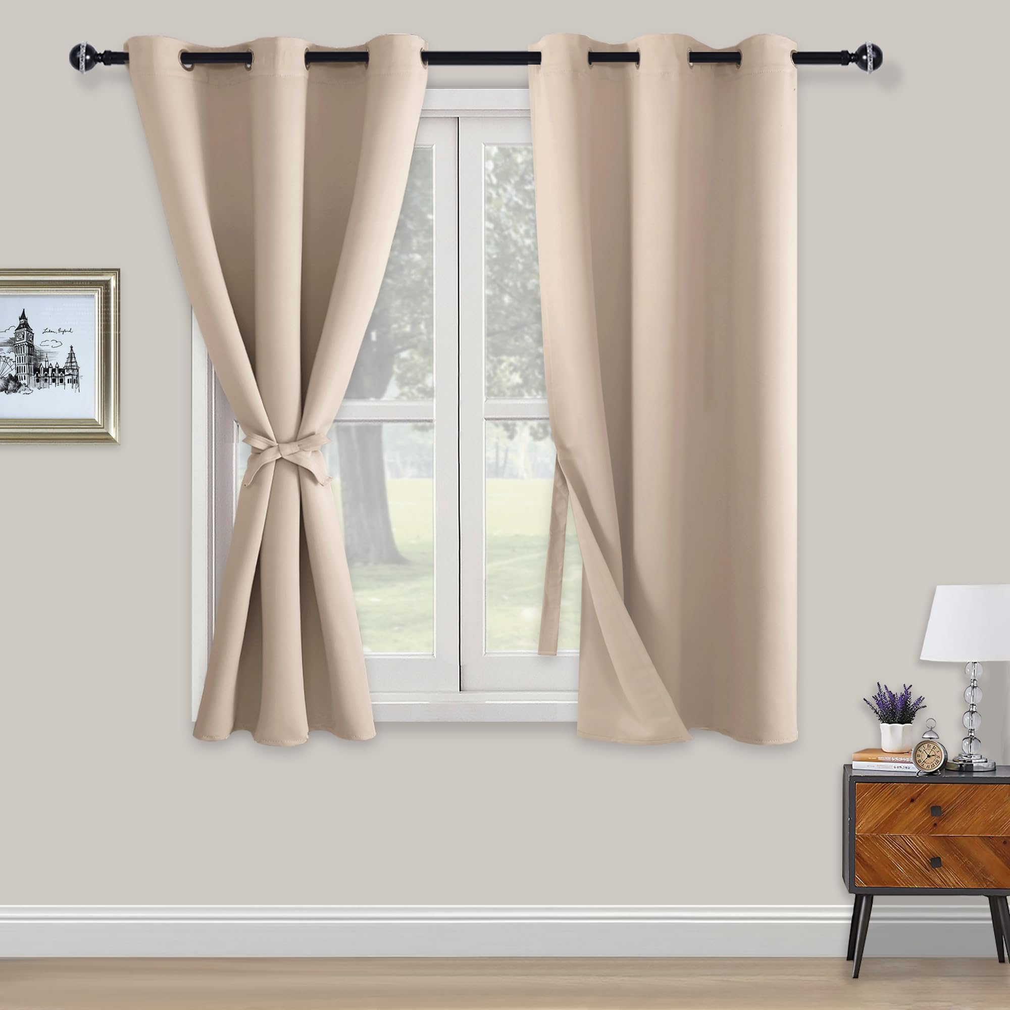 XWZO Blackout Curtains Shades Window Curtain Panels with Tiebacks- Noise Reduction and Thermal Insulated Eyelet Curtains for Bedroom,Living Room,Office,Study Room Beige W46xL54