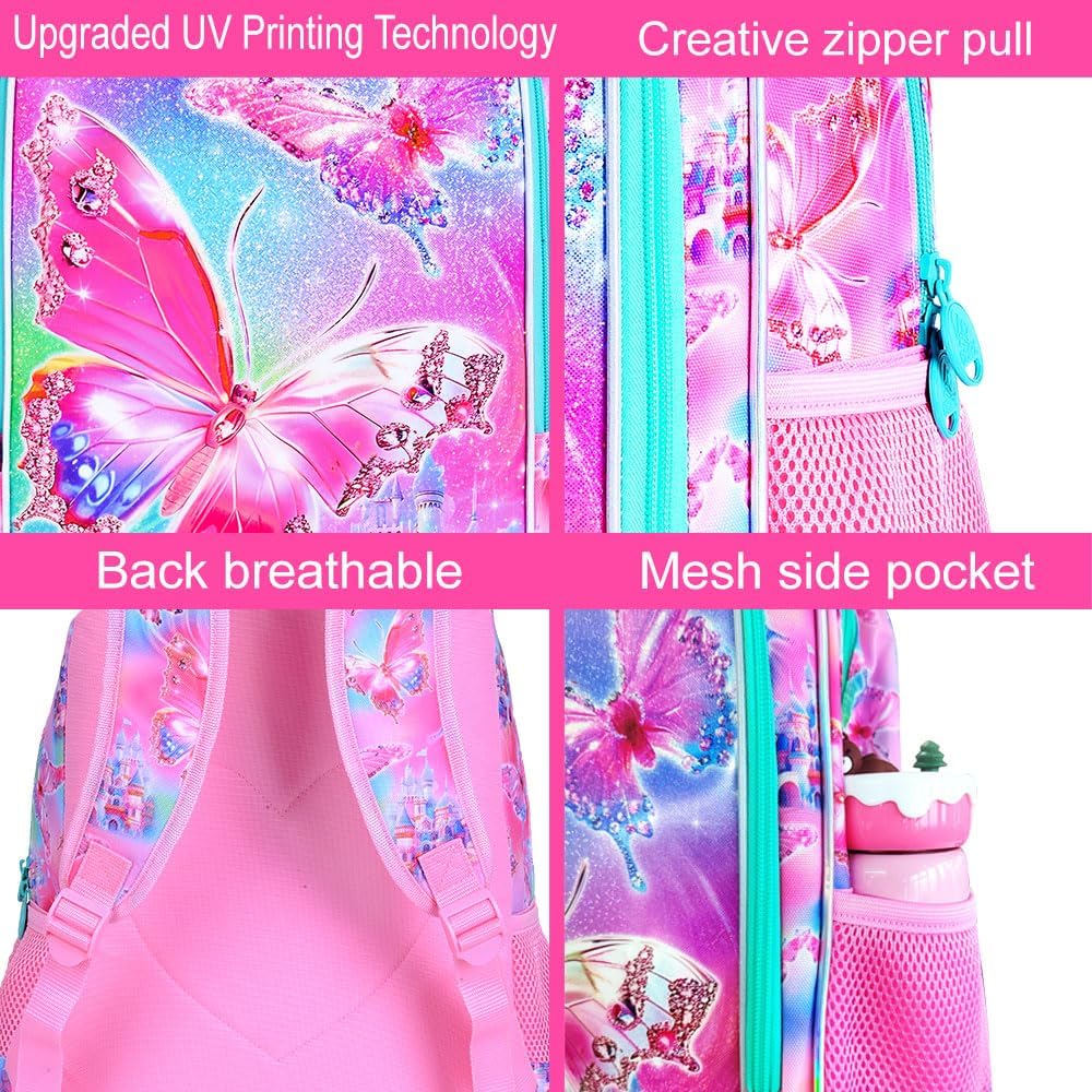 KLFVB 3PCS Butterfly Backpack for Girls, Water Resistant Kids Bookbag with Lunch Box, 16" Preschool Backpacks for Elementary - Butterfly Pink - Image 5