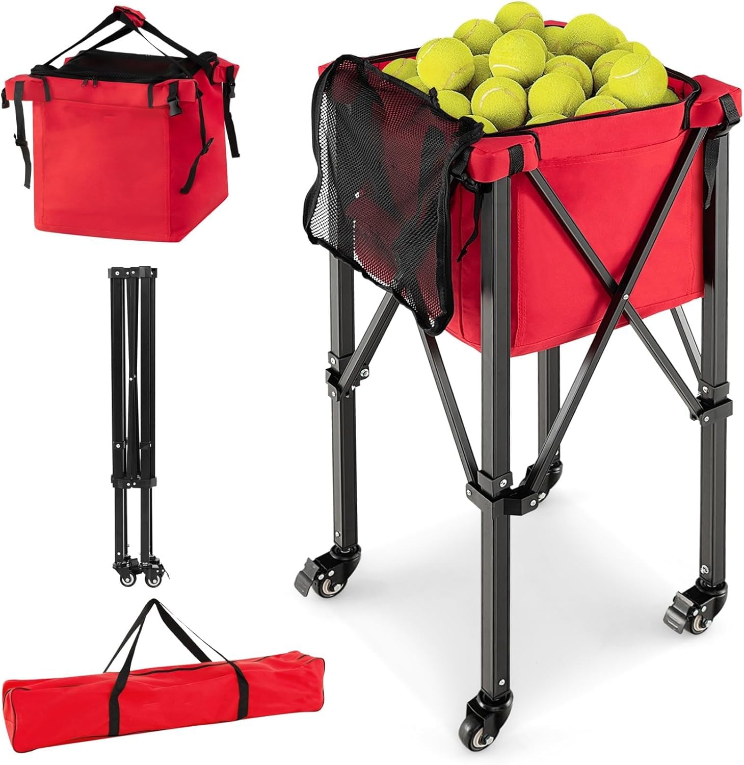 GYMAX Carrito para Pelotas de Tenis, con Marco de Aluminio y Bolsa de Transporte, Carrito de Tenis de hasta 30 kg, Carrito de Transporte para Pelotas de Tenis, Béisbol y Pelotas de Pickball