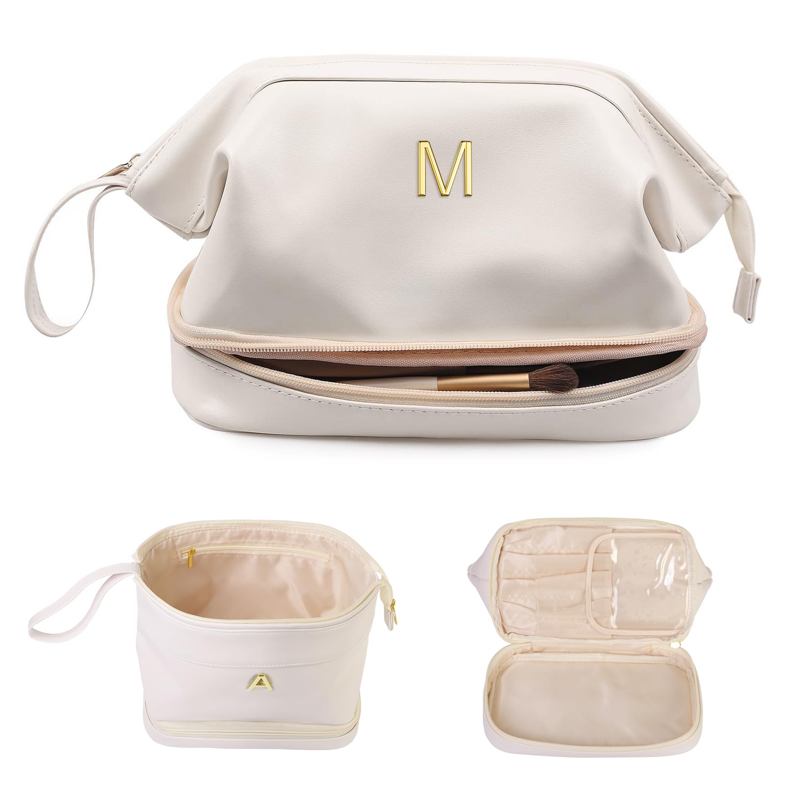 Vogewood Gifts for Women-Birthday Gifts-Teen Girl Gifts Trendy Stuff Initial Makeup Bag for Women, Double Layer Cosmetic Bag with Makeup Brush