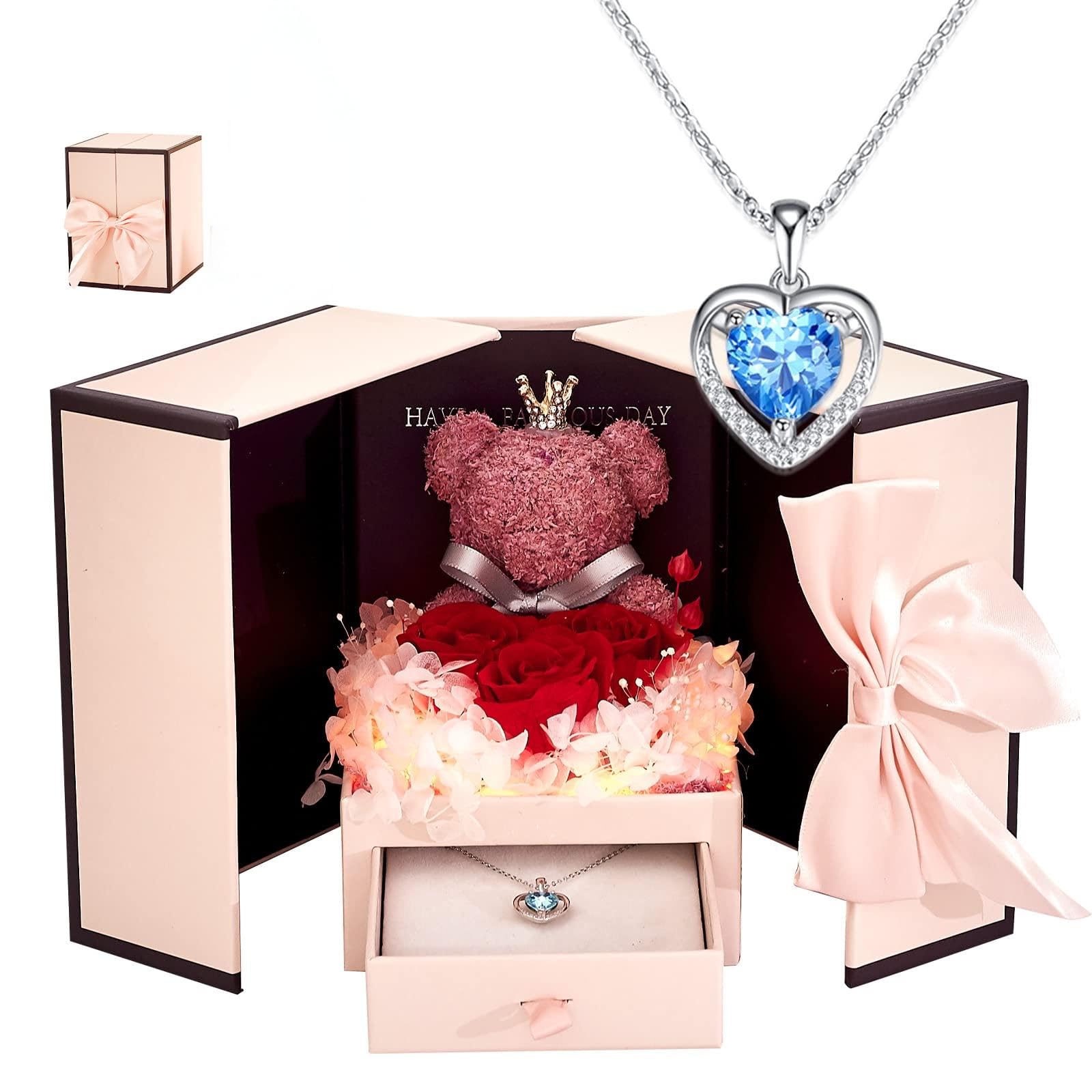 KASTWAVE Luxury Preserved Rose Bear & 925 Sterling Silver Heart Necklace with LED - Romantic Gift Set for Her: Ideal for Valentine's, Mother's Day, Birthday & Christmas