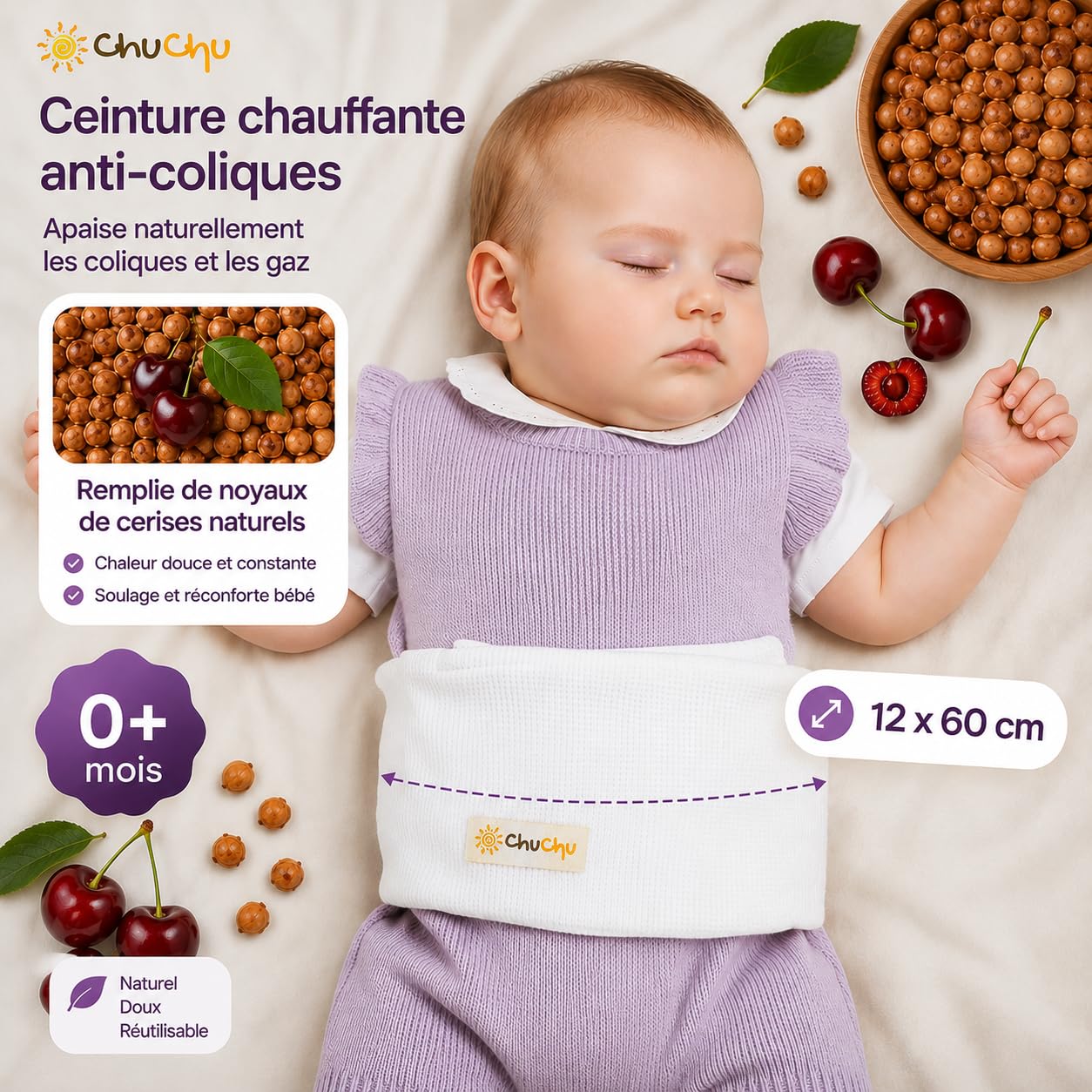 Ceinture Chauffante Bébé Anti-Coliques – Bouillotte aux Noyaux de Cerise pour Nouveau-Né, Soulage Gaz, Ballonnements et Douleurs Abdominales – Coussin Chauffant Micro-Ondes 100% Coton