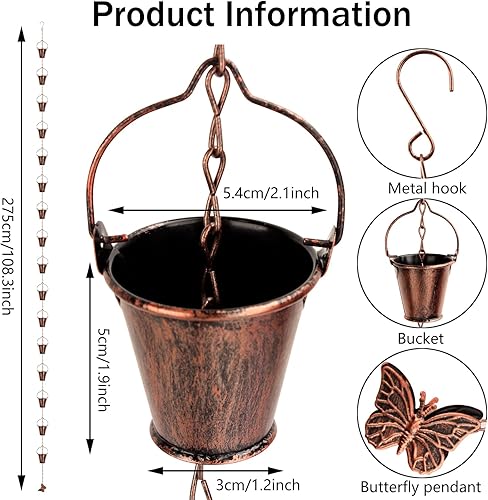 Miniatura 3 de Cadena de lluvia para exterior con adaptador, cadenas de lluvia de hierro forjado de 9 pies, canalón de cadenas de lluvia con cadena de lluvia