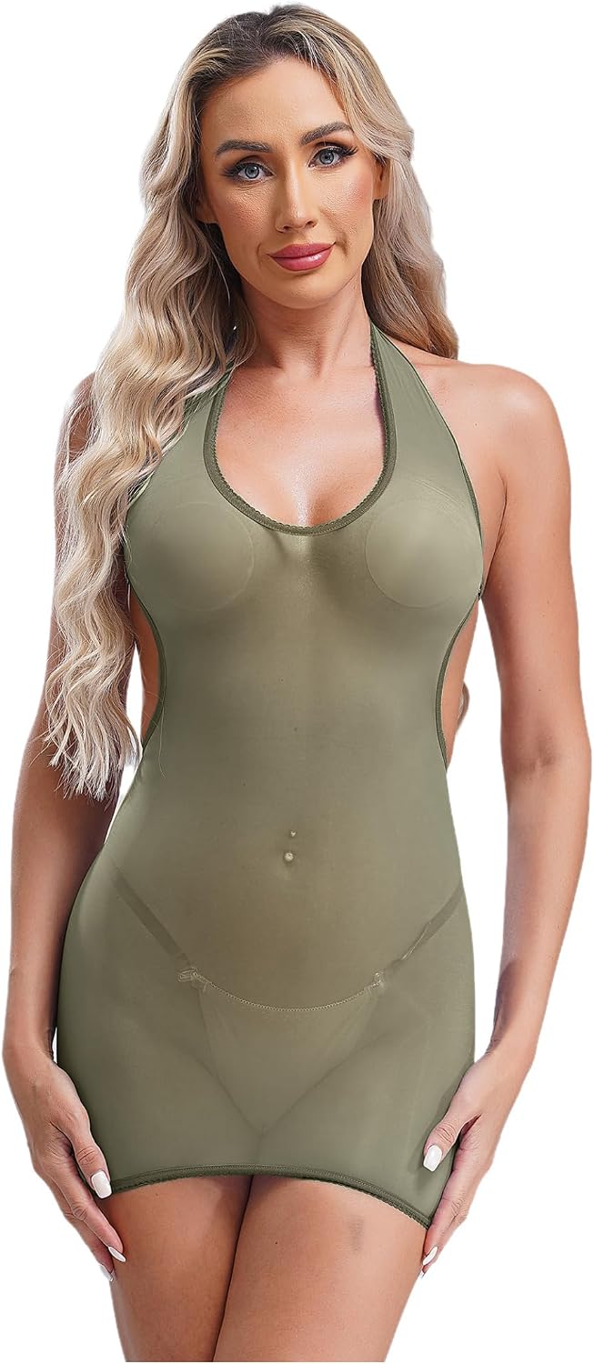 Linjinx Womens Mesh Sheer Lingerie Chemises Nightwear Halter Neck Sleeveless Short Dress with Thongs
