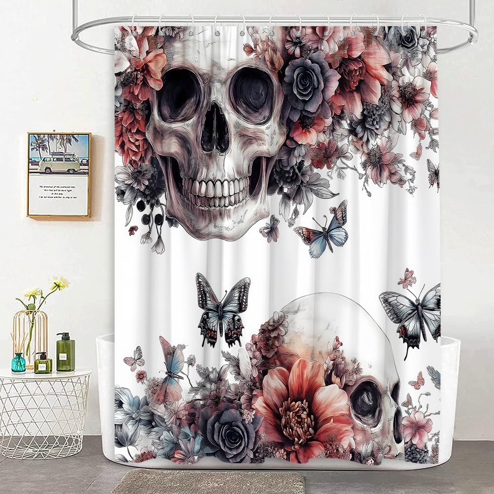 Skull Flower Butterfly Shower Curtain Halloween Skeleton Floral Gothic Spooky Scary Fabric Bathroom Decor Curtain with Hooks, 90Wx70H