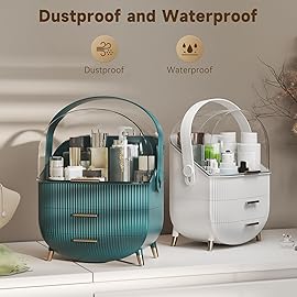 BTGGG Makeup Organizers, Make Up Organizer for Vanity, Countertop Cosmetic Storage with Drawers and Transparent Cover for Bedroom Bathroom, White