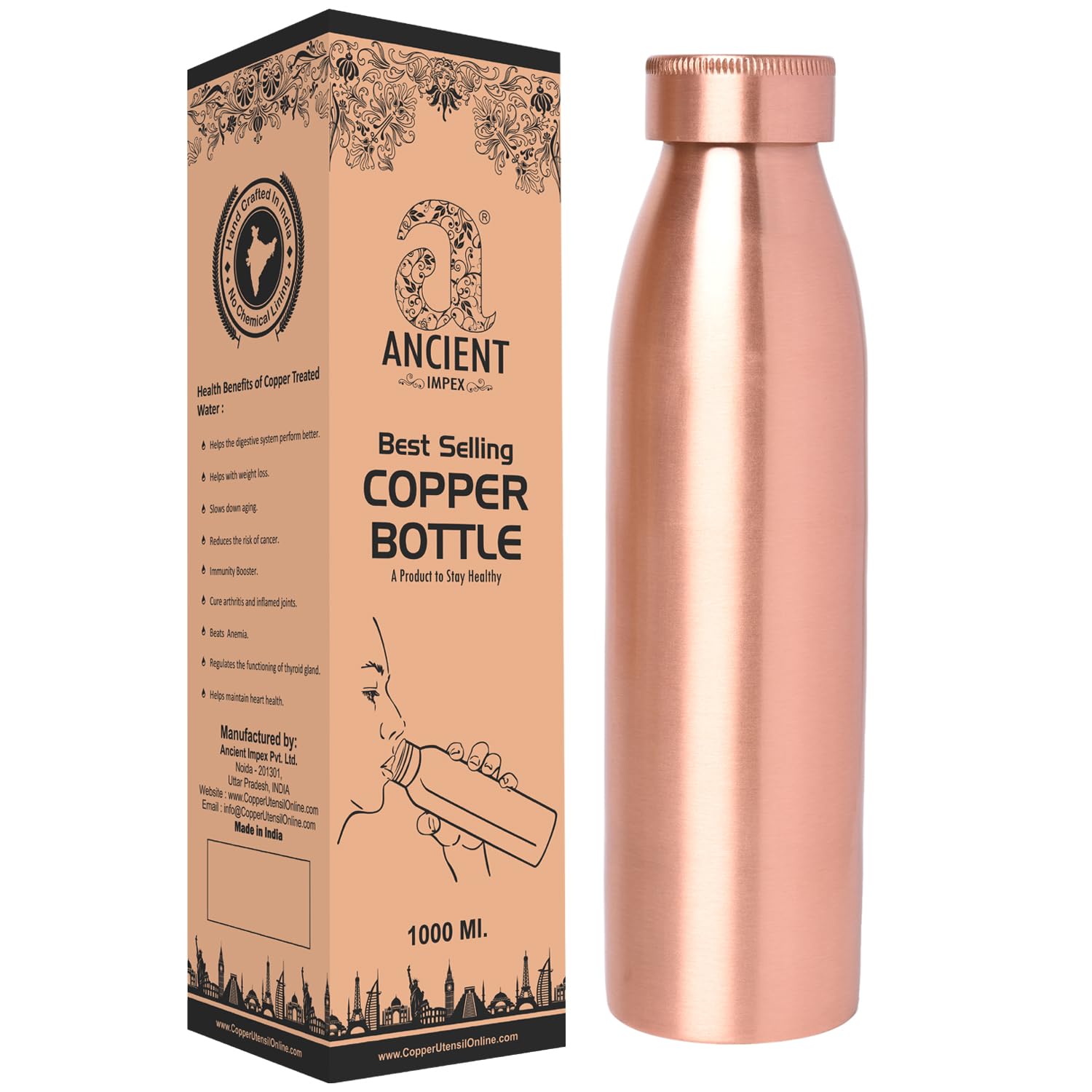 ANCIENTIMPEX Pure Copper Water Bottle Matt Finish 1000 Ml (33.81 Fl Oz) Capacity For Ayurveda Health Benefits